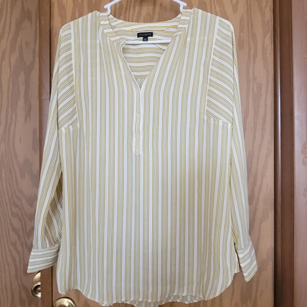 Talbots Yellow & White Stripe Button-Front Long Sleeve Top: NWOT: SZ XS